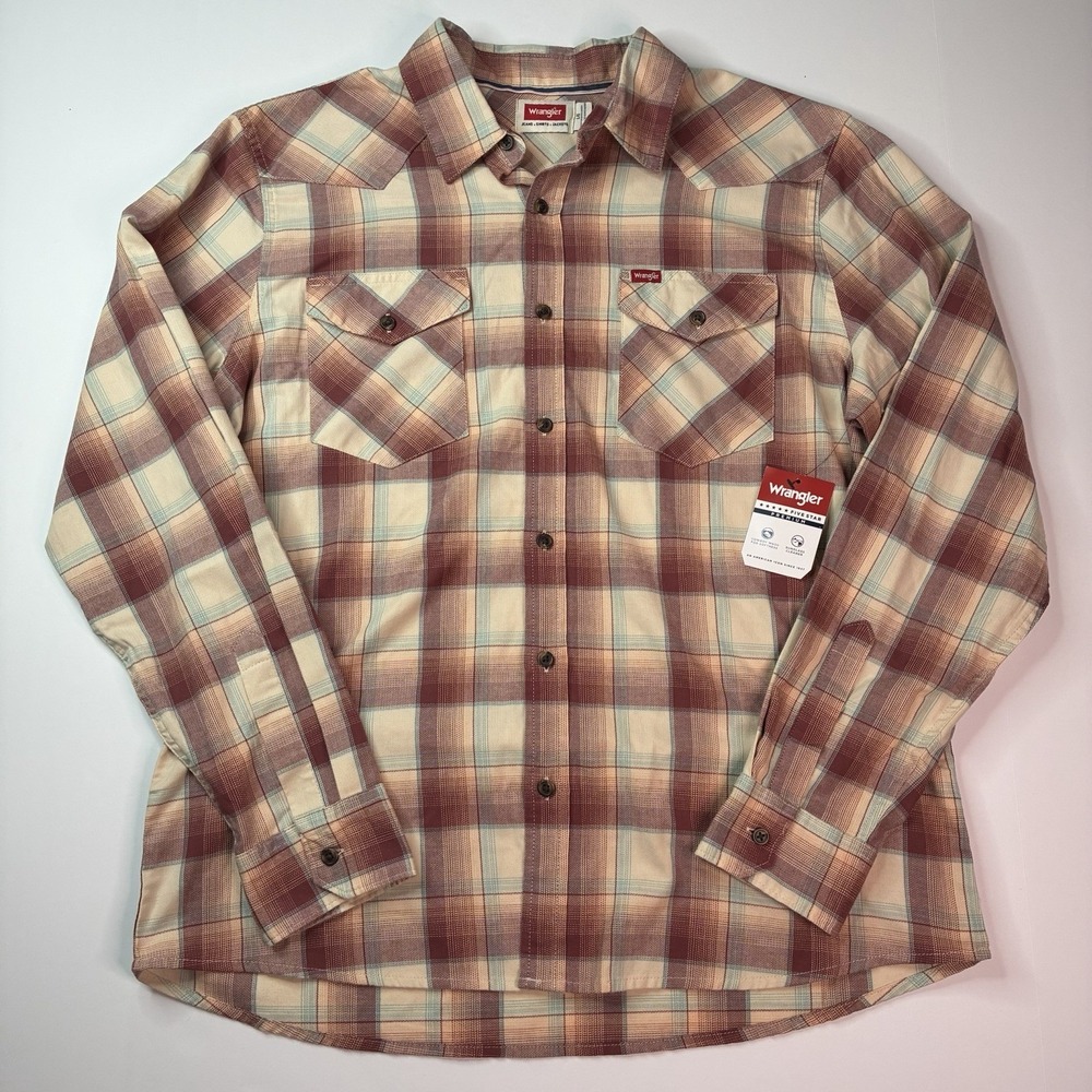 Wrangler Slim Fit Long Sleeve Woven Twill Button Shirt Mens L Apple Butter Plaid